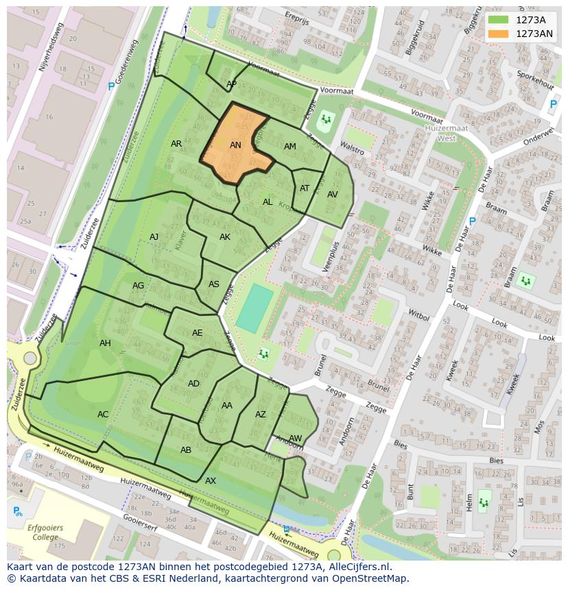 Afbeelding van het postcodegebied 1273 AN op de kaart.