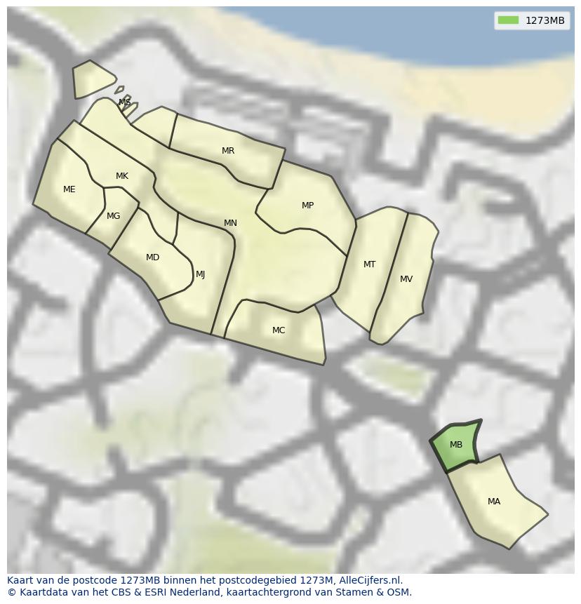 Afbeelding van het postcodegebied 1273 MB op de kaart.