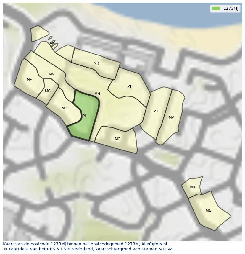 Afbeelding van het postcodegebied 1273 MJ op de kaart.