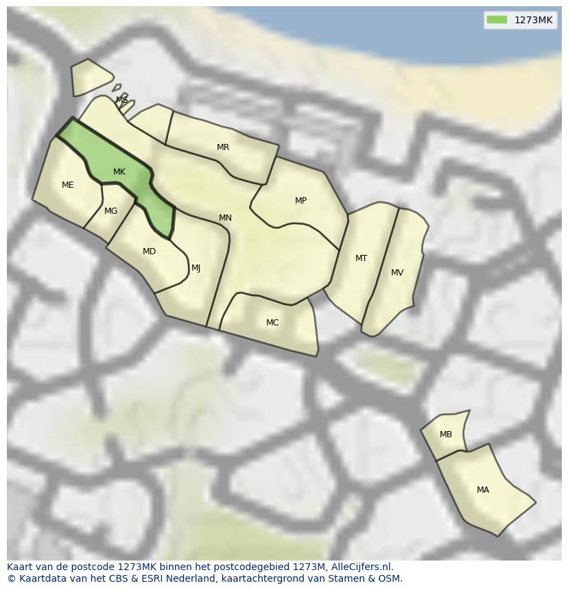 Afbeelding van het postcodegebied 1273 MK op de kaart.