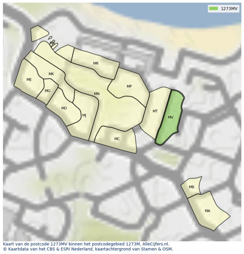 Afbeelding van het postcodegebied 1273 MV op de kaart.