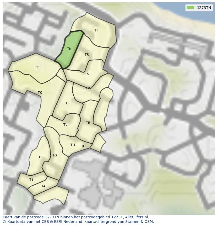 Afbeelding van het postcodegebied 1273 TN op de kaart.