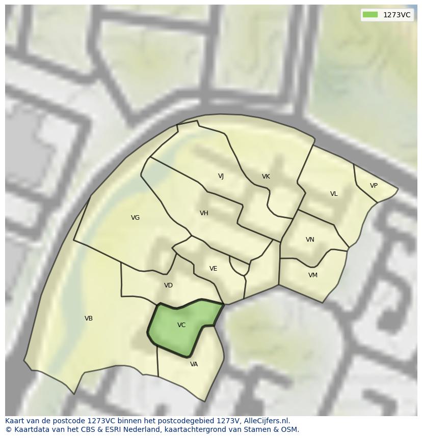 Afbeelding van het postcodegebied 1273 VC op de kaart.