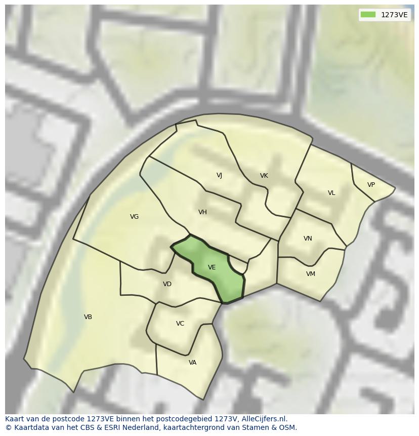 Afbeelding van het postcodegebied 1273 VE op de kaart.