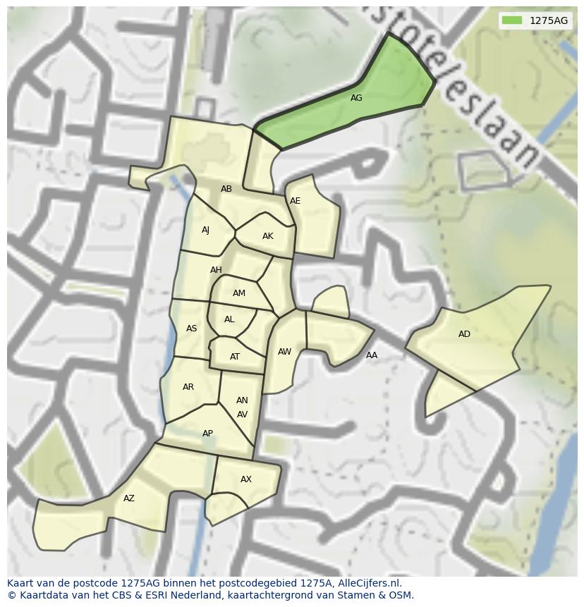 Afbeelding van het postcodegebied 1275 AG op de kaart.