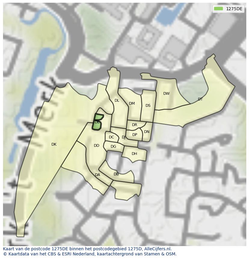 Afbeelding van het postcodegebied 1275 DE op de kaart.
