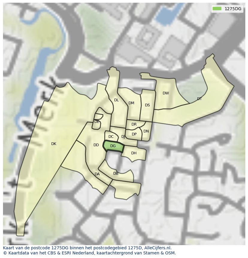 Afbeelding van het postcodegebied 1275 DG op de kaart.