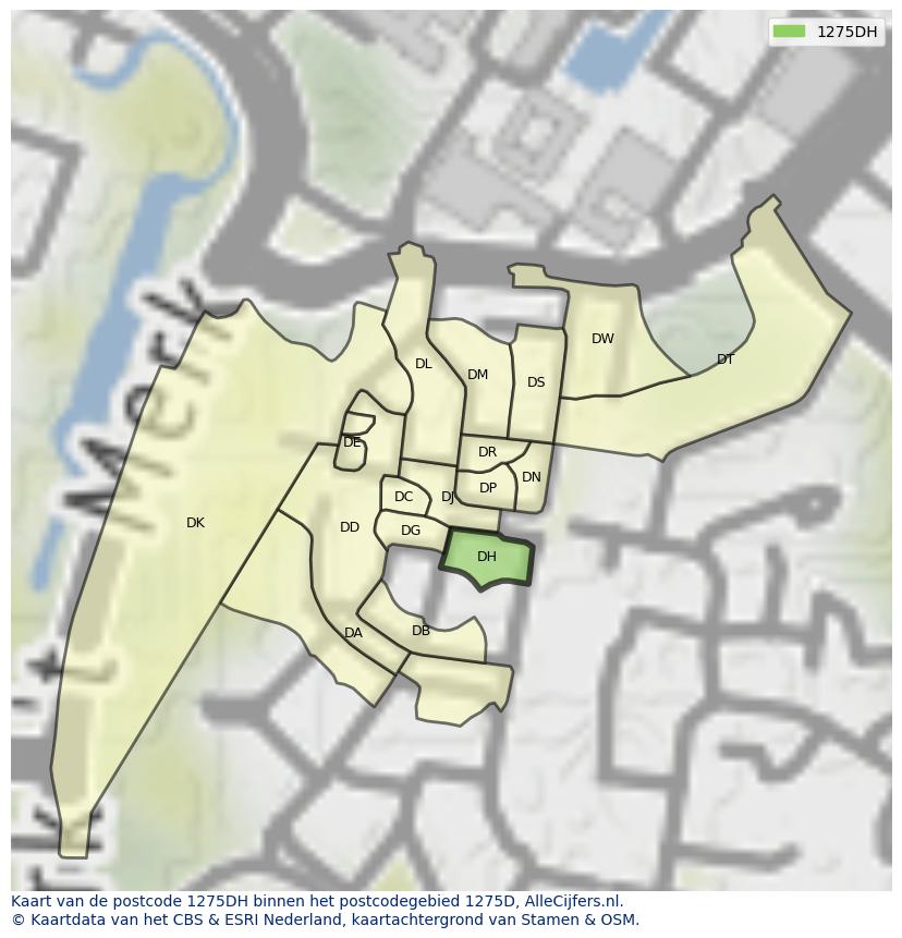 Afbeelding van het postcodegebied 1275 DH op de kaart.