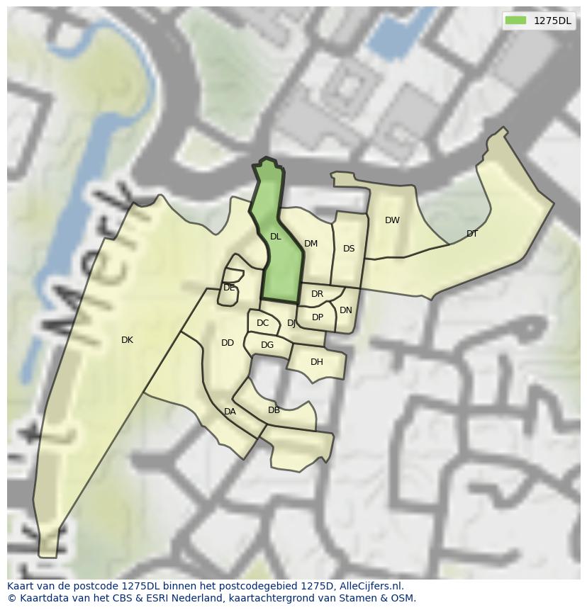Afbeelding van het postcodegebied 1275 DL op de kaart.
