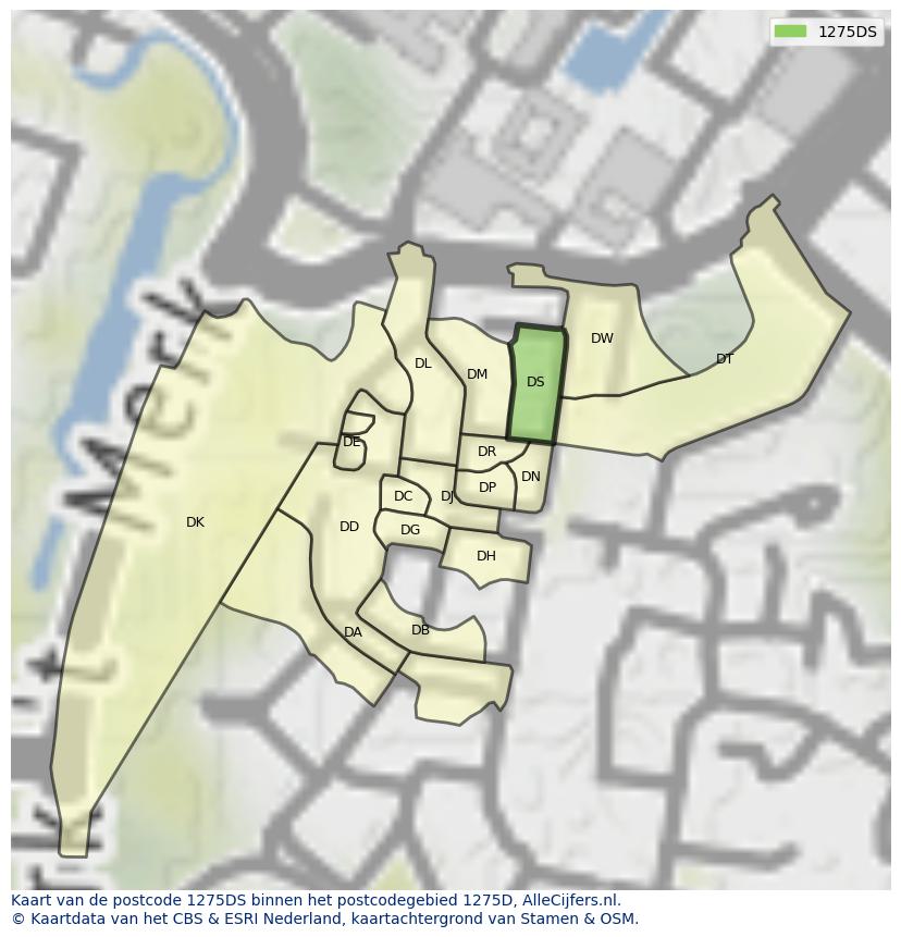 Afbeelding van het postcodegebied 1275 DS op de kaart.