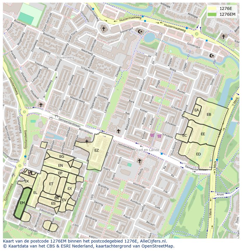 Afbeelding van het postcodegebied 1276 EM op de kaart.