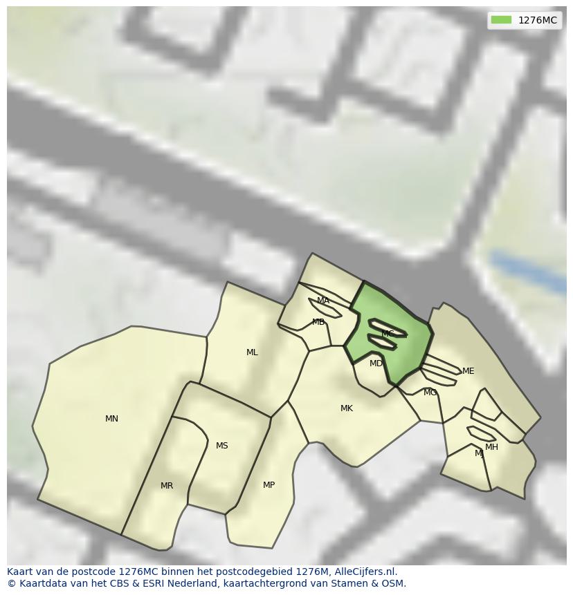 Afbeelding van het postcodegebied 1276 MC op de kaart.