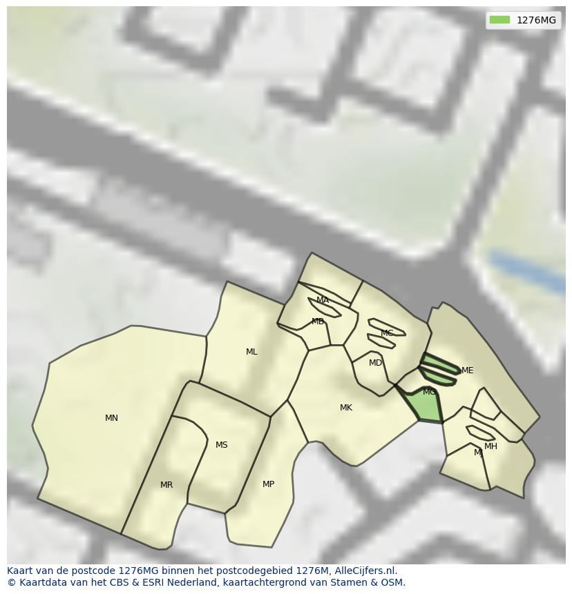 Afbeelding van het postcodegebied 1276 MG op de kaart.