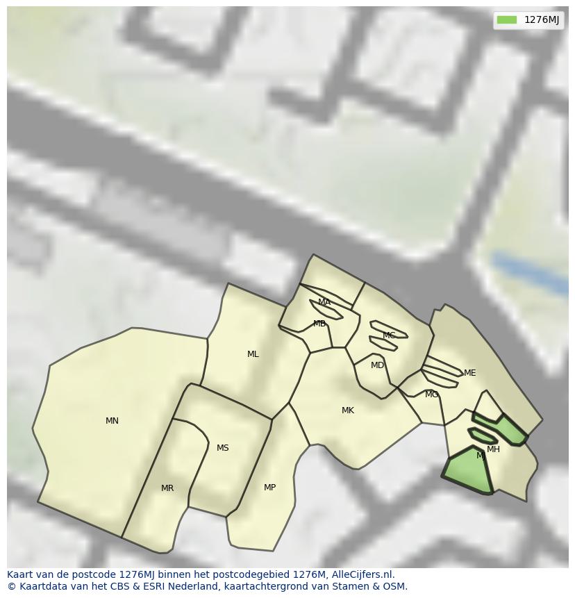 Afbeelding van het postcodegebied 1276 MJ op de kaart.