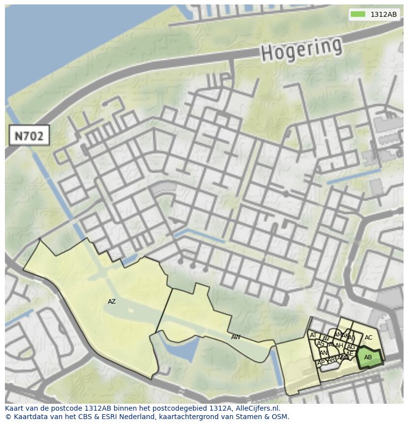 Afbeelding van het postcodegebied 1312 AB op de kaart.