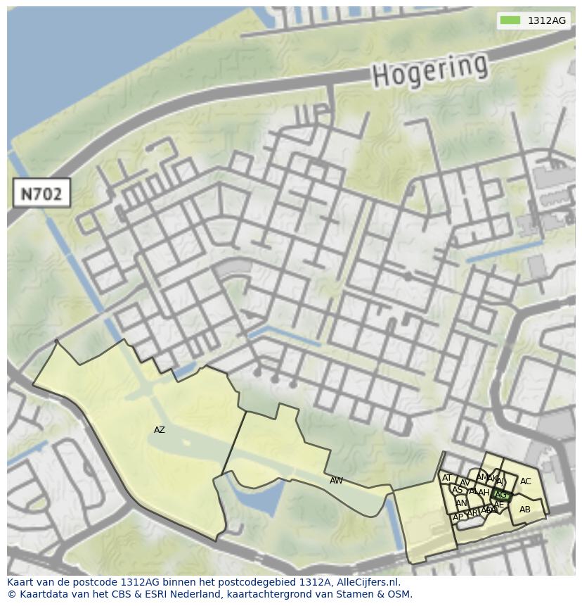 Afbeelding van het postcodegebied 1312 AG op de kaart.