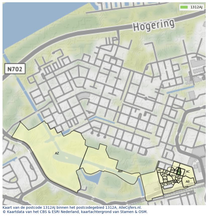 Afbeelding van het postcodegebied 1312 AJ op de kaart.