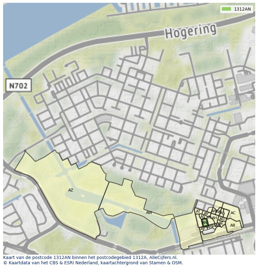 Afbeelding van het postcodegebied 1312 AN op de kaart.