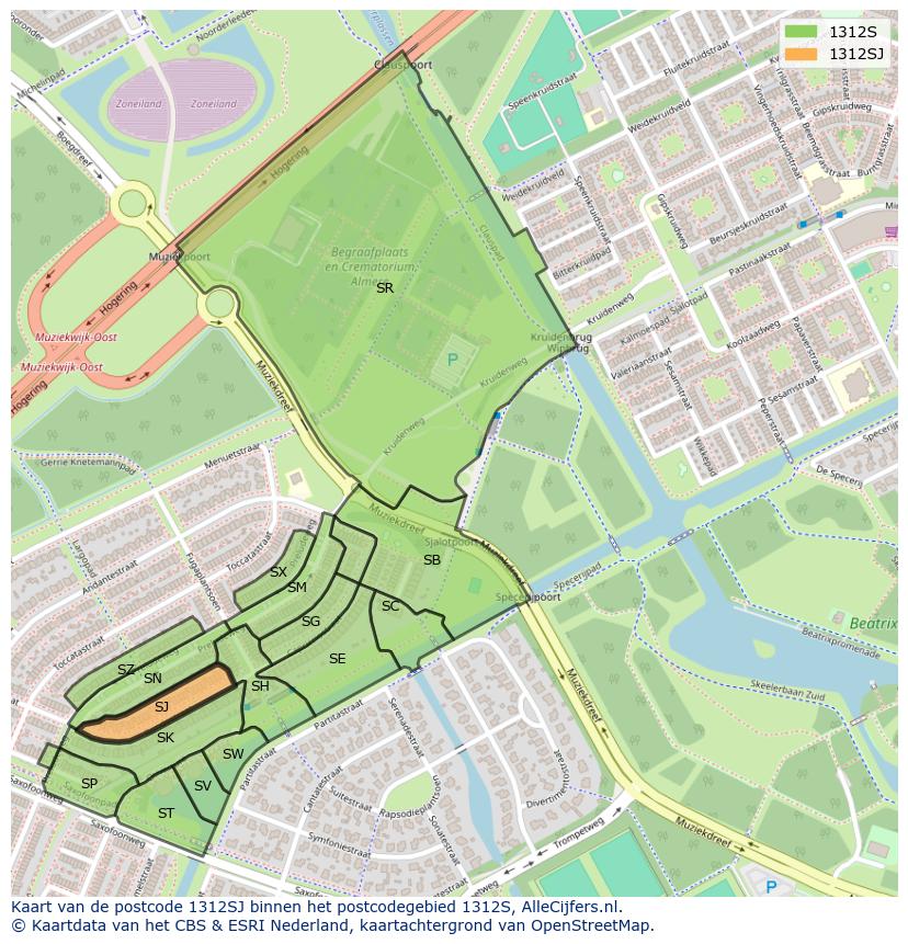 Afbeelding van het postcodegebied 1312 SJ op de kaart.