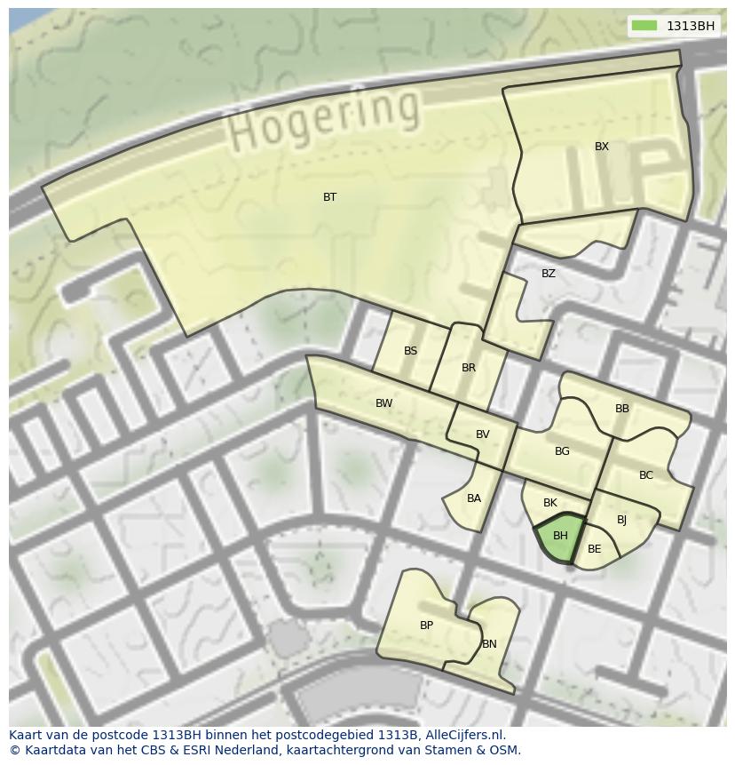 Afbeelding van het postcodegebied 1313 BH op de kaart.