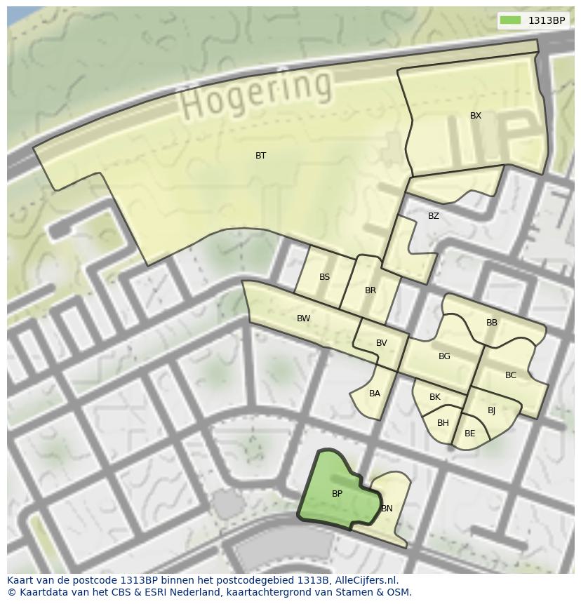Afbeelding van het postcodegebied 1313 BP op de kaart.