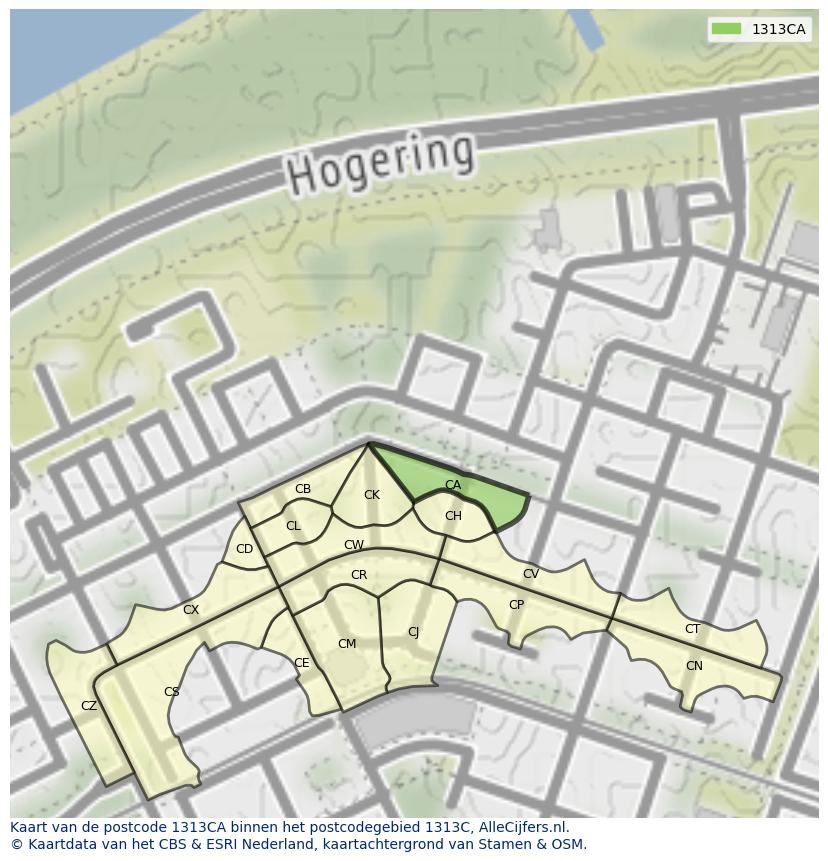 Afbeelding van het postcodegebied 1313 CA op de kaart.
