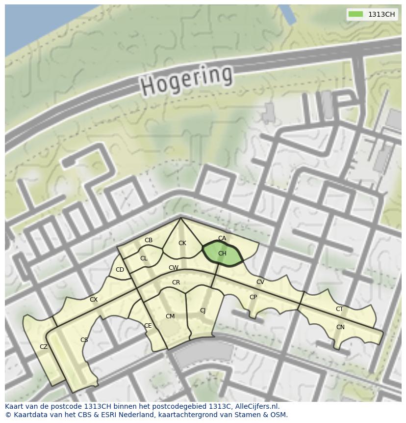 Afbeelding van het postcodegebied 1313 CH op de kaart.