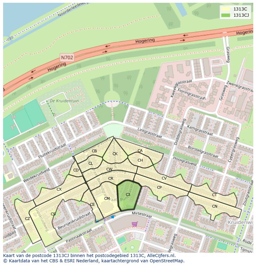 Afbeelding van het postcodegebied 1313 CJ op de kaart.