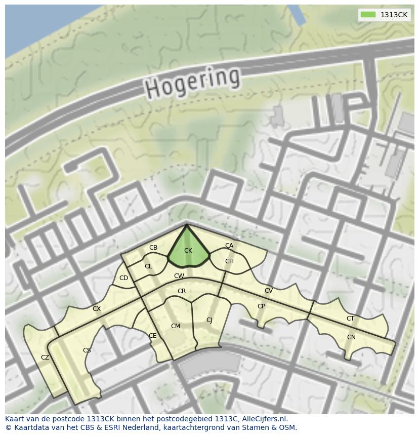 Afbeelding van het postcodegebied 1313 CK op de kaart.