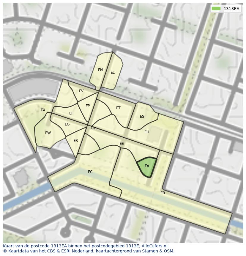 Afbeelding van het postcodegebied 1313 EA op de kaart.