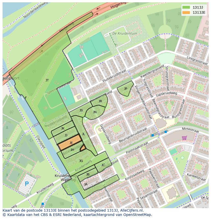 Afbeelding van het postcodegebied 1313 JE op de kaart.