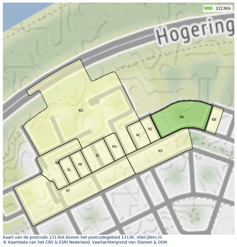 Afbeelding van het postcodegebied 1313 KA op de kaart.