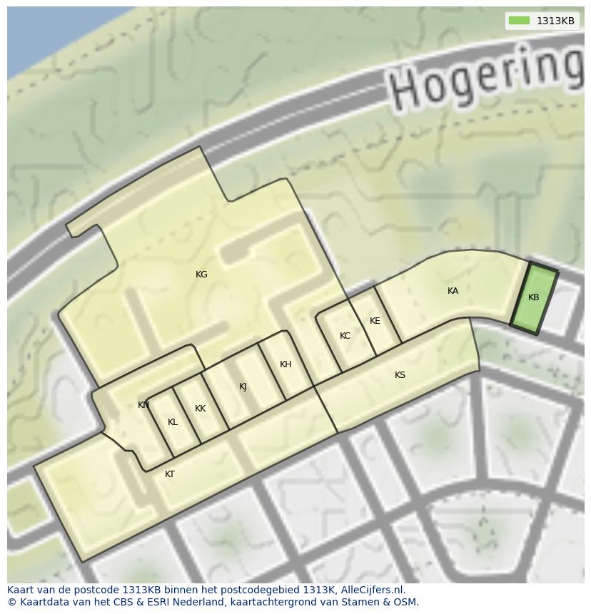 Afbeelding van het postcodegebied 1313 KB op de kaart.