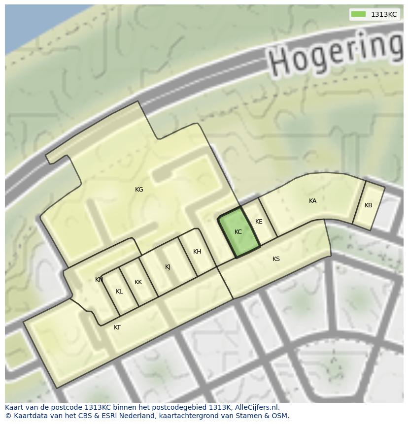 Afbeelding van het postcodegebied 1313 KC op de kaart.