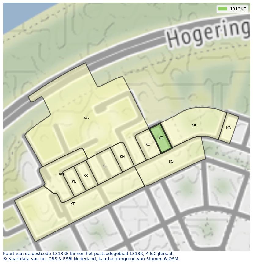 Afbeelding van het postcodegebied 1313 KE op de kaart.