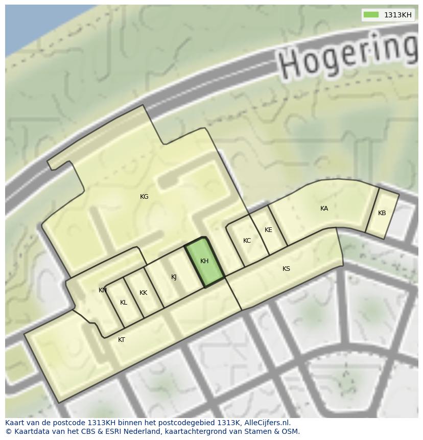 Afbeelding van het postcodegebied 1313 KH op de kaart.