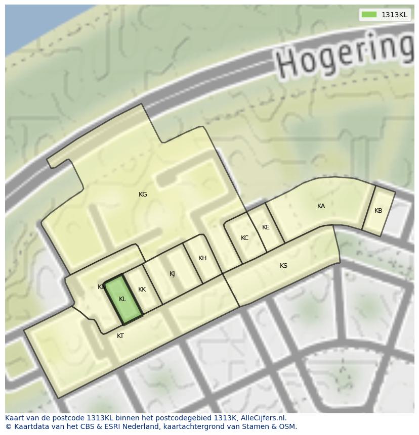Afbeelding van het postcodegebied 1313 KL op de kaart.