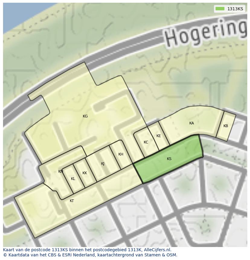 Afbeelding van het postcodegebied 1313 KS op de kaart.