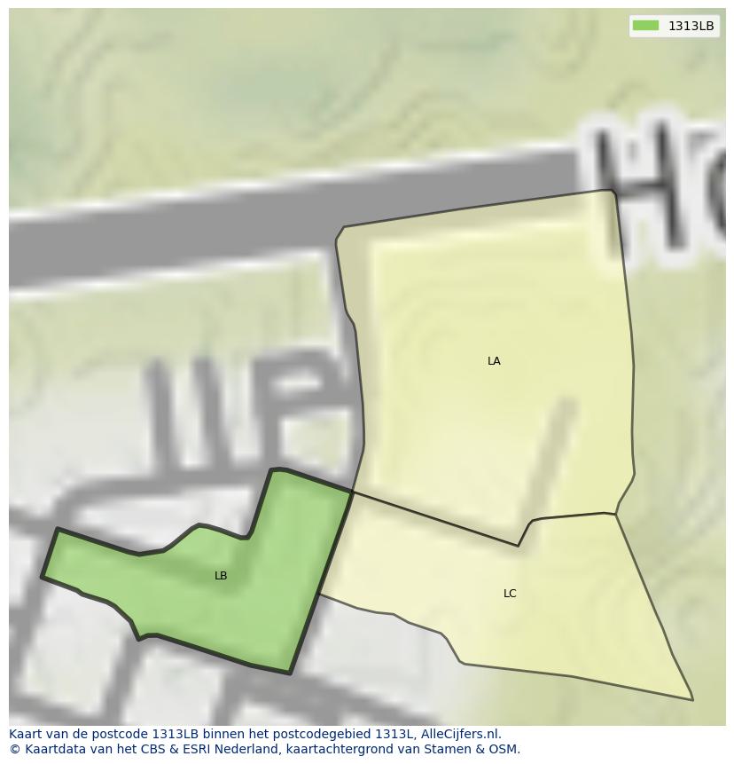 Afbeelding van het postcodegebied 1313 LB op de kaart.