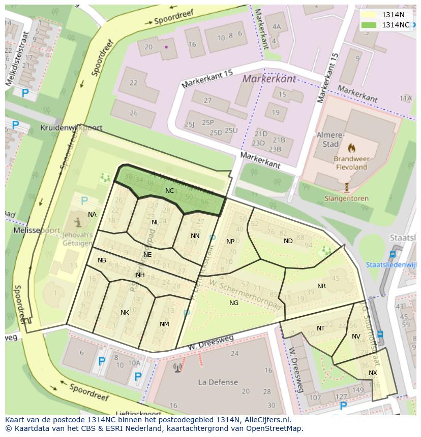 Afbeelding van het postcodegebied 1314 NC op de kaart.