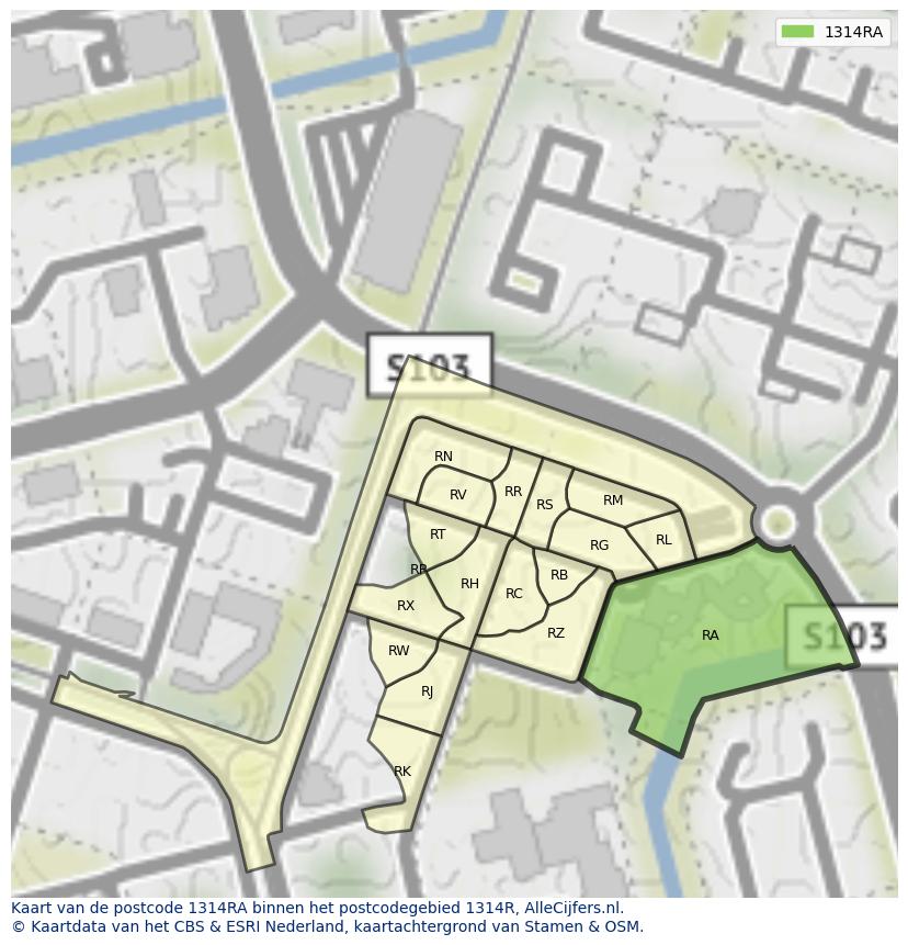 Afbeelding van het postcodegebied 1314 RA op de kaart.