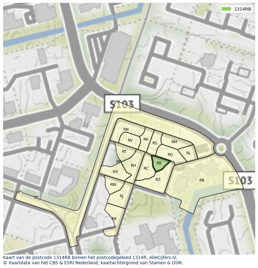 Afbeelding van het postcodegebied 1314 RB op de kaart.