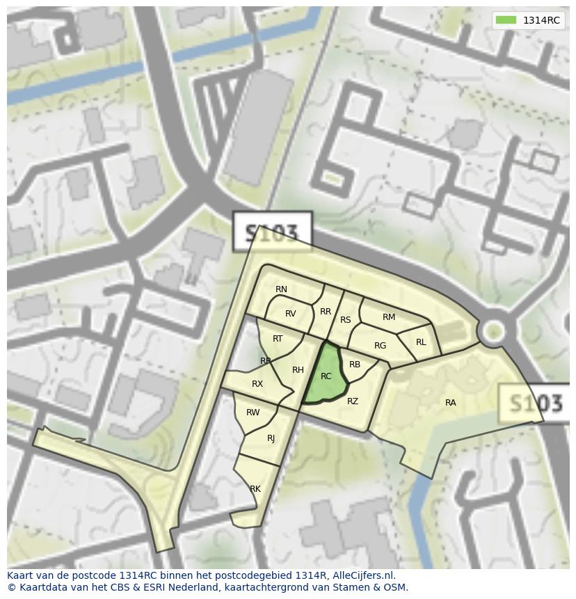 Afbeelding van het postcodegebied 1314 RC op de kaart.