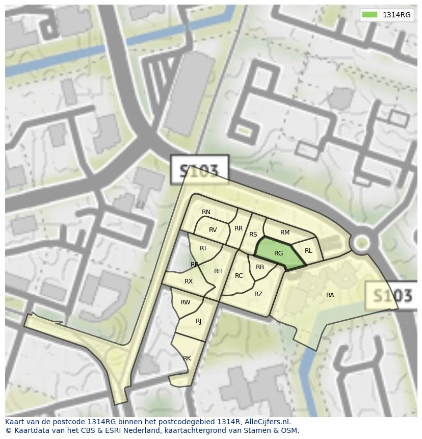 Afbeelding van het postcodegebied 1314 RG op de kaart.