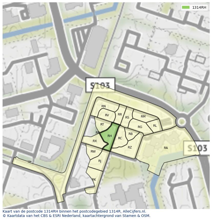 Afbeelding van het postcodegebied 1314 RH op de kaart.