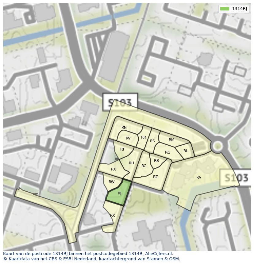 Afbeelding van het postcodegebied 1314 RJ op de kaart.