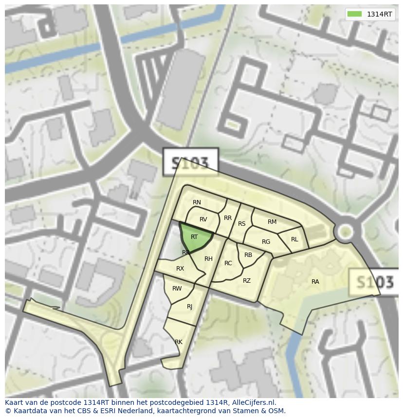 Afbeelding van het postcodegebied 1314 RT op de kaart.