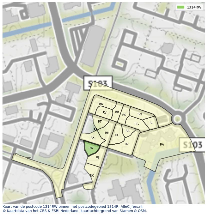 Afbeelding van het postcodegebied 1314 RW op de kaart.