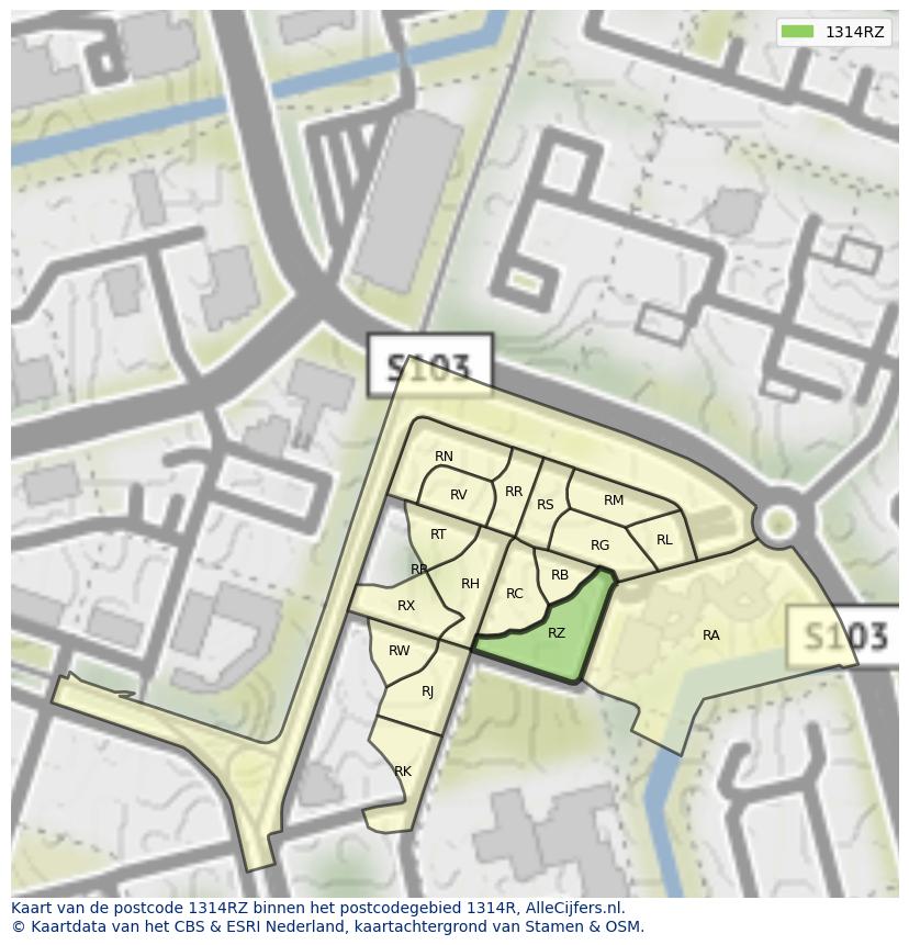 Afbeelding van het postcodegebied 1314 RZ op de kaart.