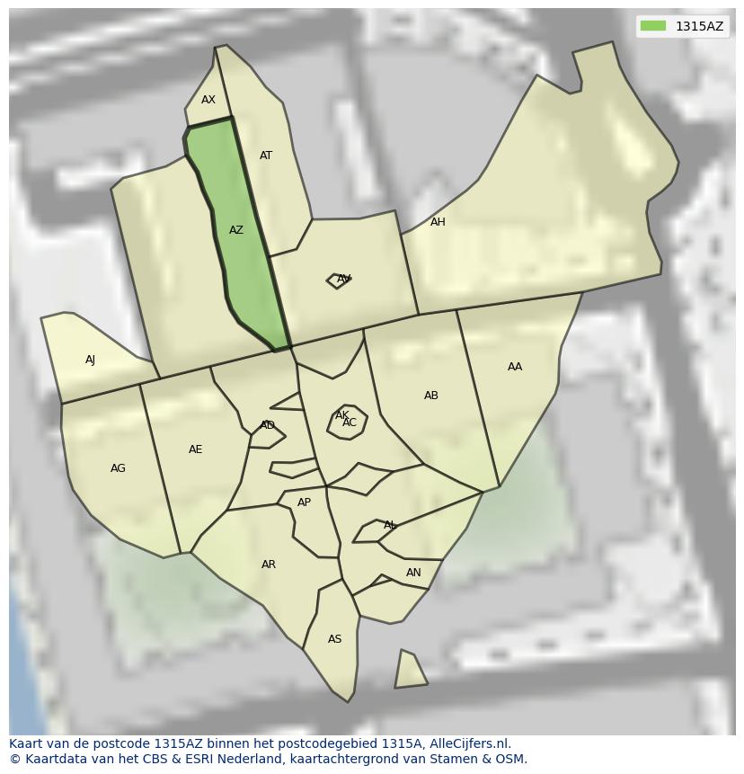 Afbeelding van het postcodegebied 1315 AZ op de kaart.